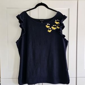 Pre-owned, banana republic dark blue top with yellow crystal flowers size XL